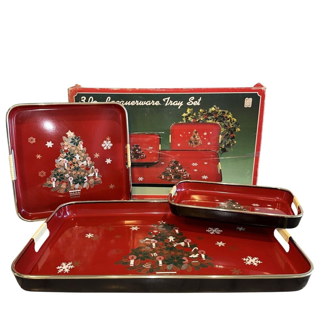Vintage 3 Boxed Lacquerware Nesting Tray Set Japan Kmart Christmas Tree Red 18"